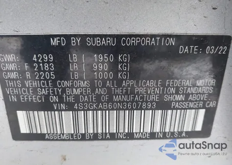 2022 Subaru Impreza Base из США, поврежденный, VIN 4S3GKAB60N3607893